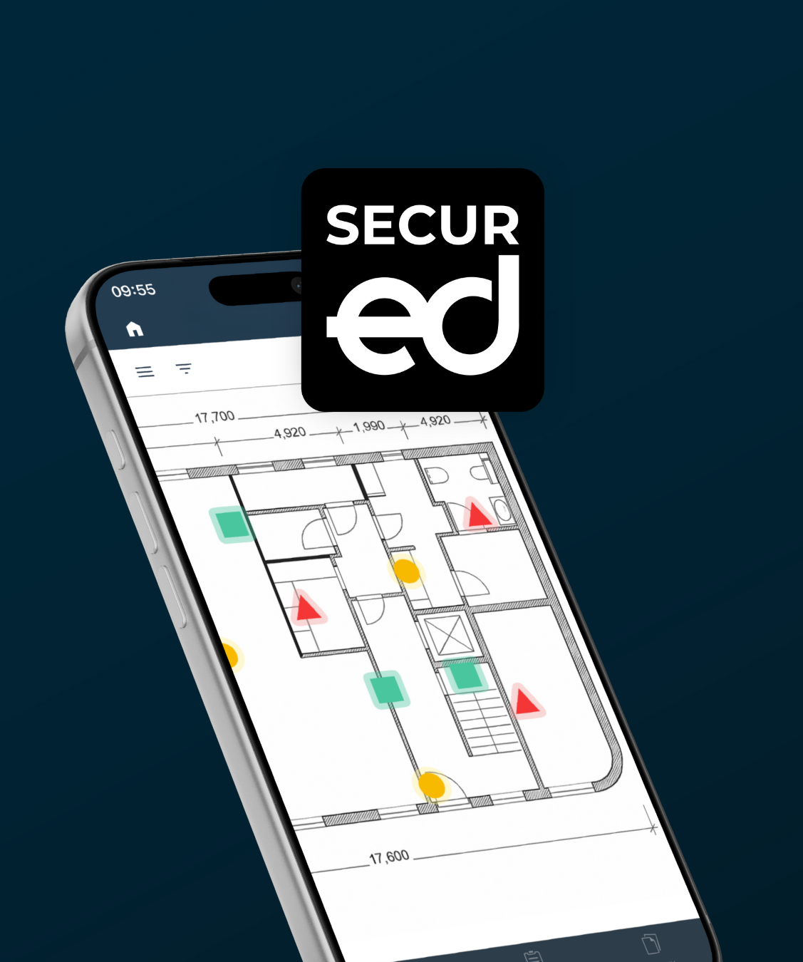 SecurEd app op telefoon met plattegrond